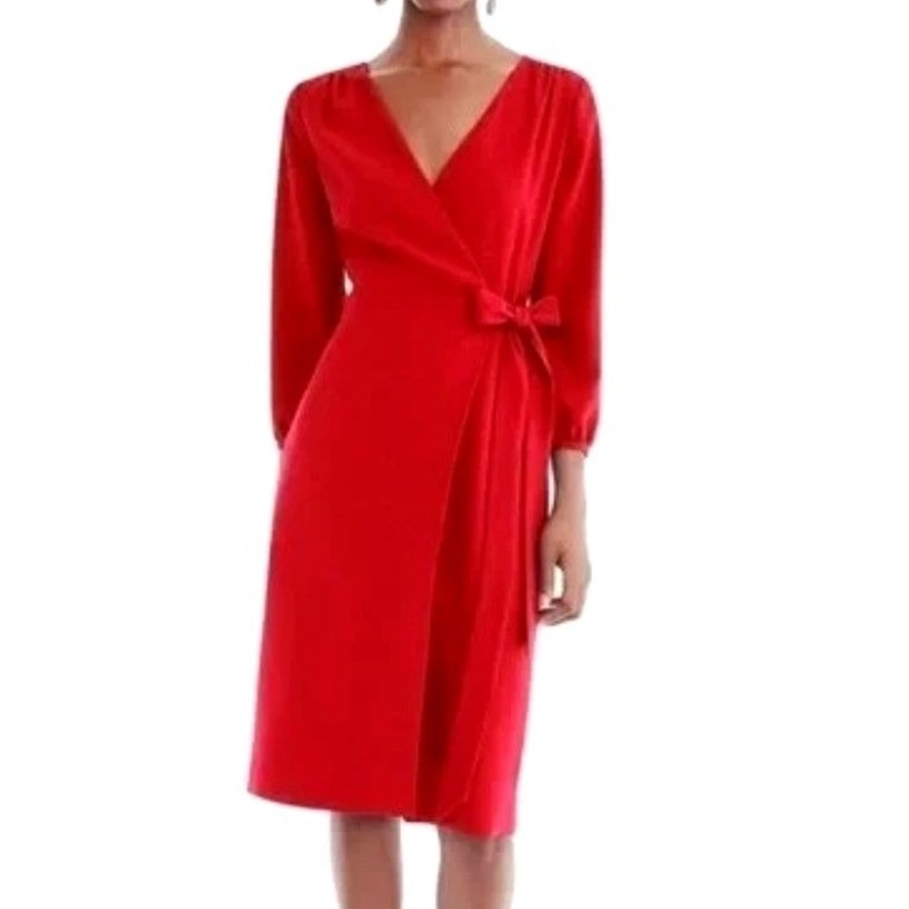 J. Crew Red Wrap Dress Long Sleeve Tie Waist Size 2 Holiday Cocktail Party